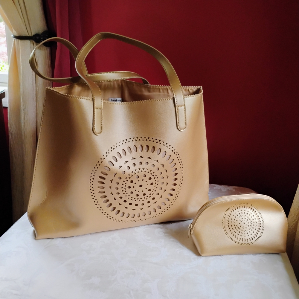 Gold Tote Bag with Make Up Bag- Structured Design and Perforated Pattern